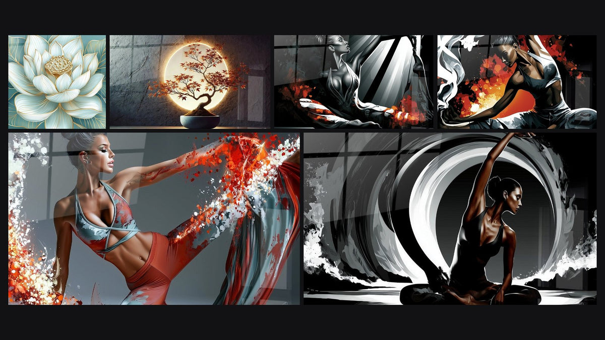 Mosaic of six paintings, including Lotus Inner Peace, Luminous Balance and Black Dancer with Orange Accents