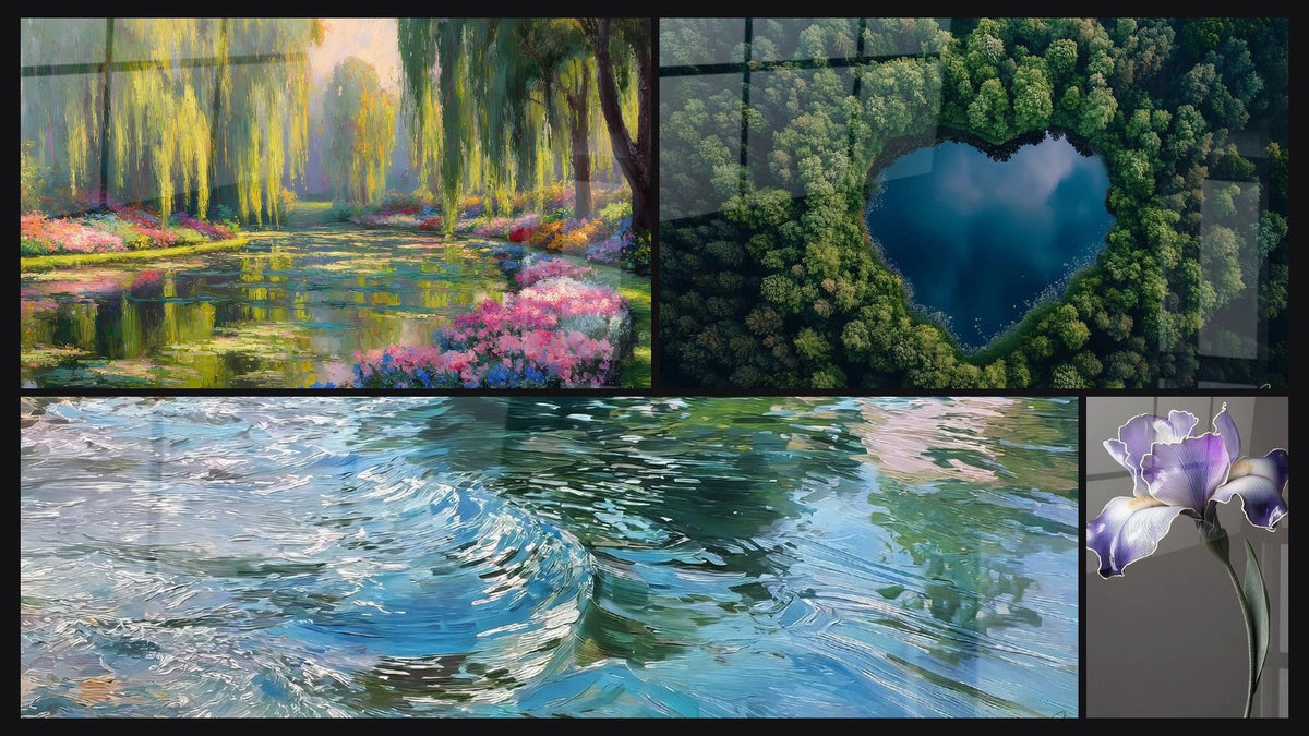 Mozaïek van vier schilderijen, waaronder Weeping Willows, Watertafel en Meer nr. 1
