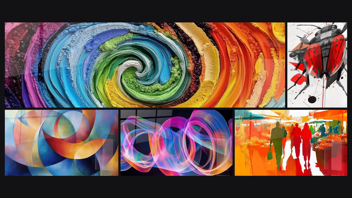 Mozaika pięciu obrazów, w tym Spirali wielokolorowej i Inspirowany biedronką Sonii Delaunay N°1
