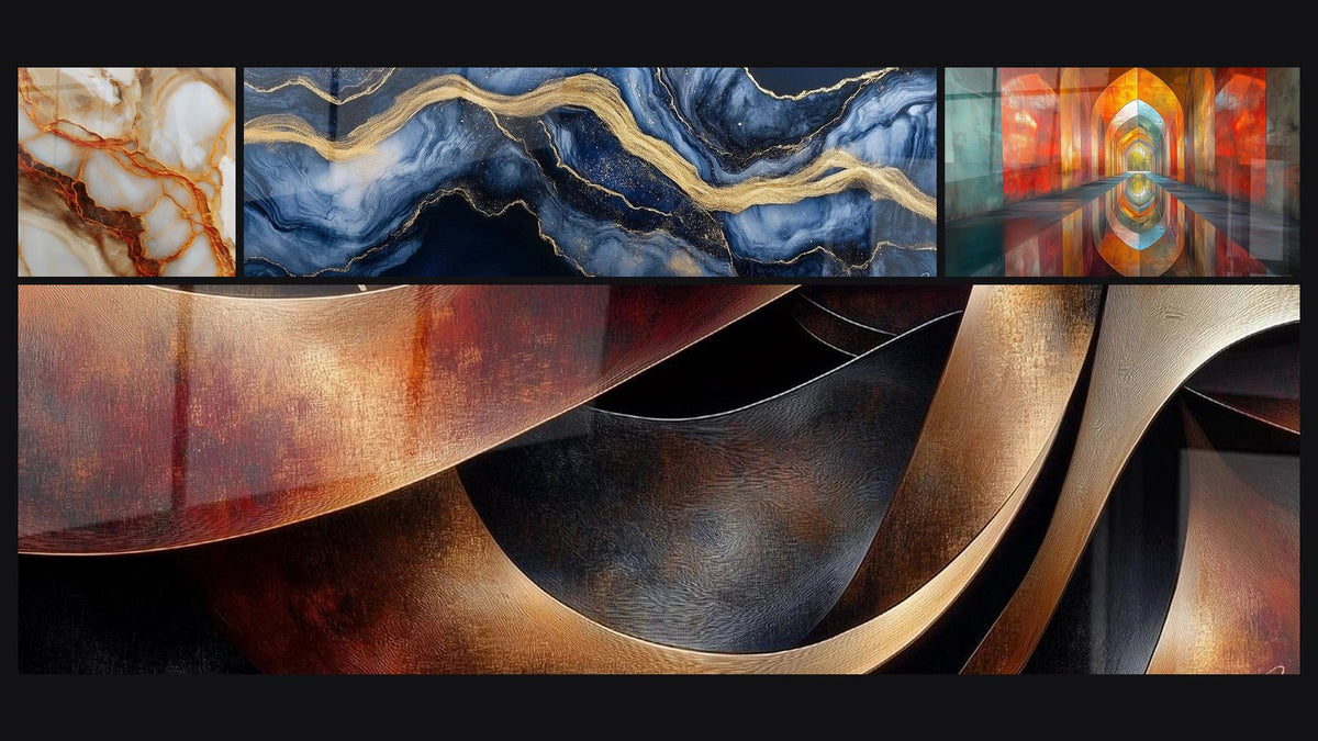 Mosaik aus vier Gemälden, darunter Sinuositäten Meditation Ocker und Gewölbe Schillernde Zinnober