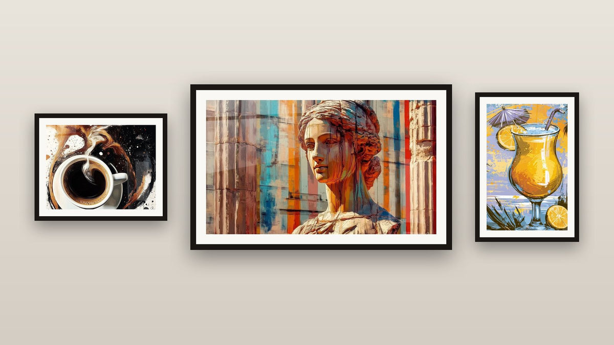 Gallery wall with three framed paintings, including The Spirit of