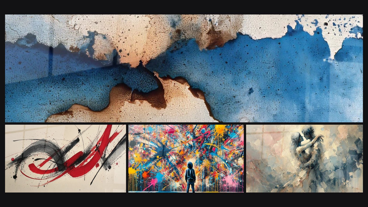 Mosaico di quattro quadri, tra cui Astratto blu e beige, Del movimento gestuale e Schizzi di Pittura