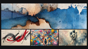 Mosaico de cuatro cuadros, entre ellos Abstracto azul y beige, Movimiento gestual y Explosiones