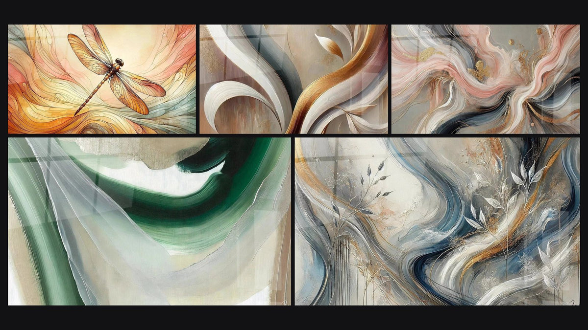 Mosaico de cinco cuadros, entre ellos Danza Aérea, Aliento de Oro y Seda Esmeralda