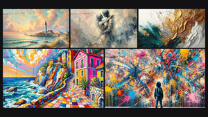 Mosaic of five paintings, including Dawn Over the Lighthouse, The Colors of the Coast and Paint Bursts