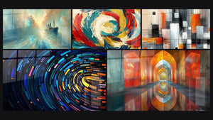 Mosaic of five paintings, including Heart of the Breeze, Digital Colored Tunnel and Arched Iridescent Vermillion