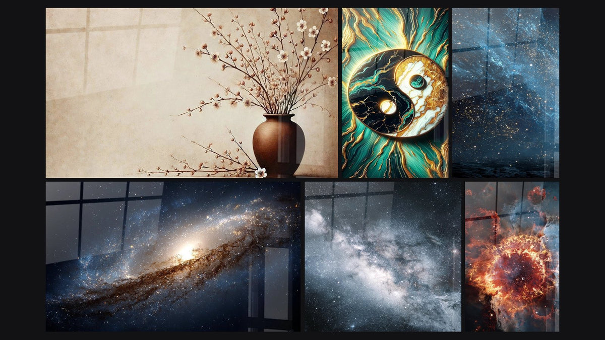 Mosaico de seis cuadros, entre ellos Armonía Natural, Equilibrio y Galaxia Espiral