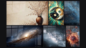 Mosaico de seis cuadros, entre ellos Armonía Natural, Equilibrio y Galaxia Espiral