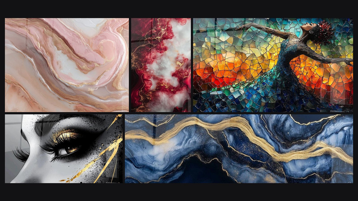 Mosaic of five paintings, including Golden Tear Eye, Dance Fire Liberation Red and Liquid Marble Eternity Blue