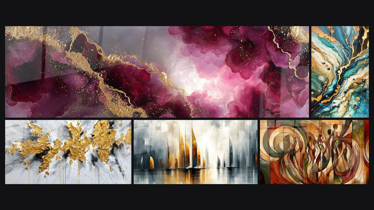 Mosaico di cinque quadri, tra cui Turbini Viola e Dorati, Esplosione dorata su fondo bianco e grigio e Navigare nel Miraggio