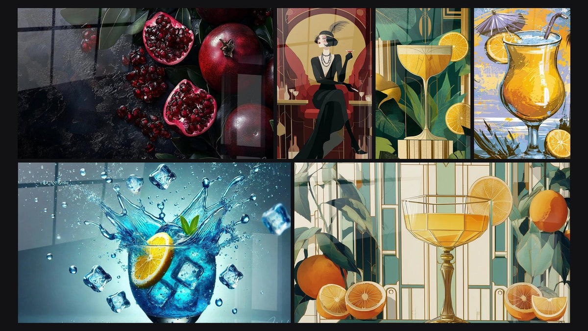 Mosaico di sei quadri, tra cui Melagrana N°1, Splendore di Freschezza e Arance e Cocktail