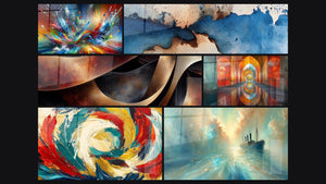 Mozaïek van zes schilderijen, waaronder Abstract blauw en beige en Sinuosités Meditatie Oker