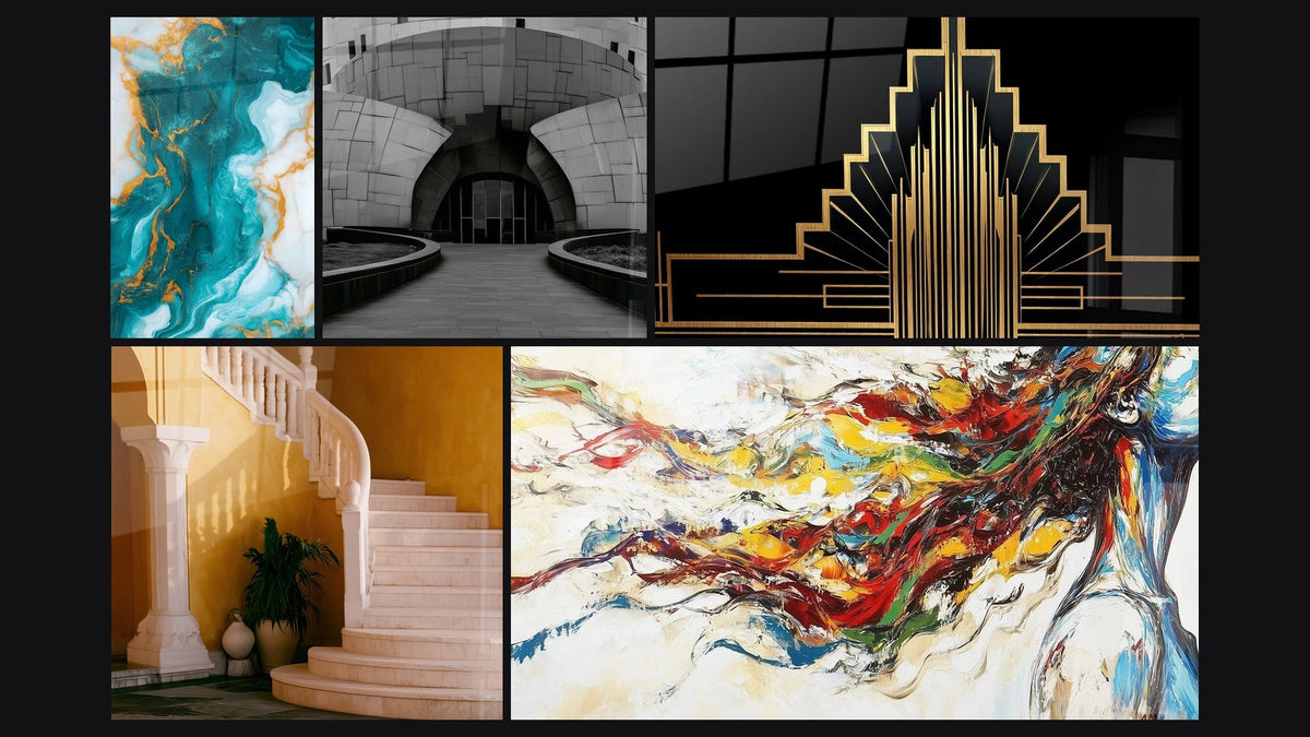 Mosaic of five paintings, including Curved Staircase Ochre and Cream Gold Wall and Building Gray and Black Arch Futuristic