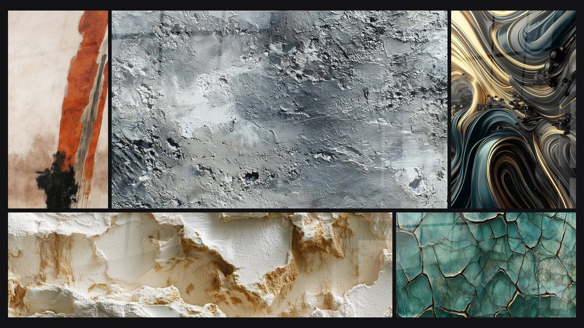 Mosaico di cinque quadri, tra cui Astratto grigio argentato testurizzato e Texture bianca erosa con rilievi scolpiti