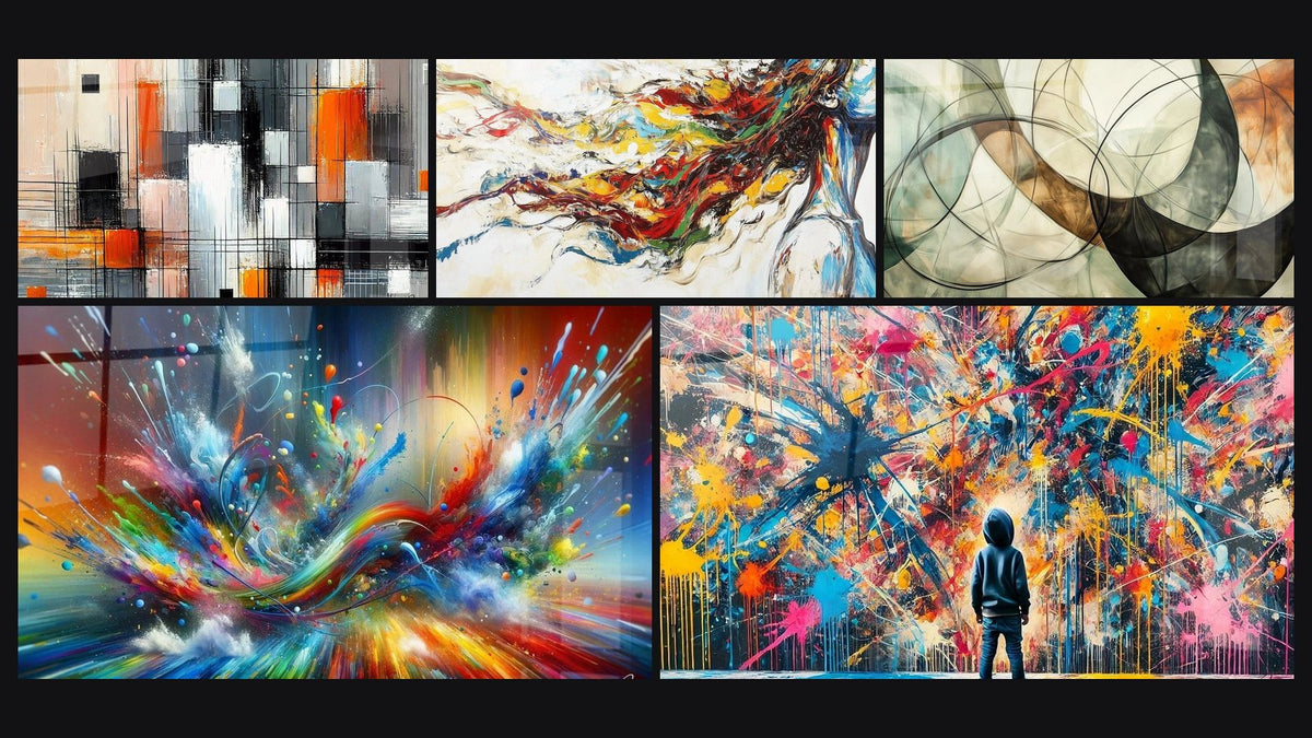 Mosaico di cinque quadri, tra cui Meccanica dei Colori, Muse Moderna e I Legami Invisibili