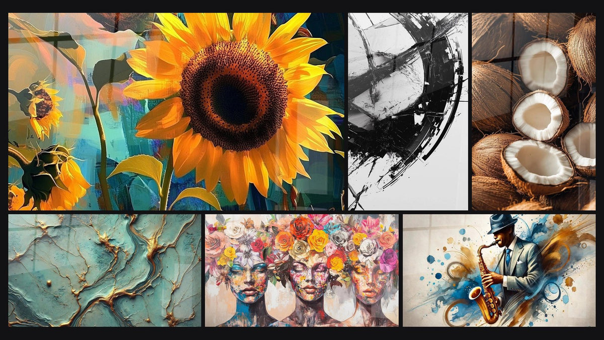 Mosaico di sei quadri, tra cui Girasole N°1, Fiumi d'Oro e Le Muse Fiorite