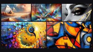 Mosaic of five paintings, including Egyptian Mirage, Colorful bird spiral and Big Bang Artistic Dazzling