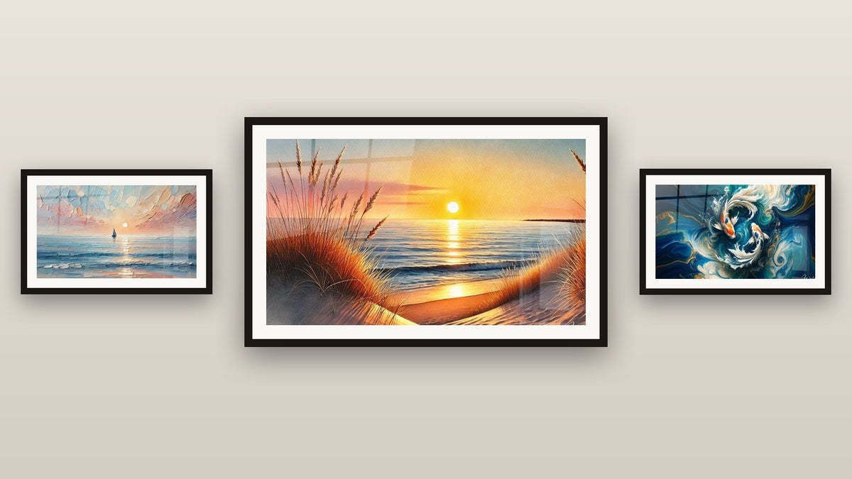 Gallery wall with three framed paintings: When the Day Falls Asleep, Twilight Journey and Koi Dance