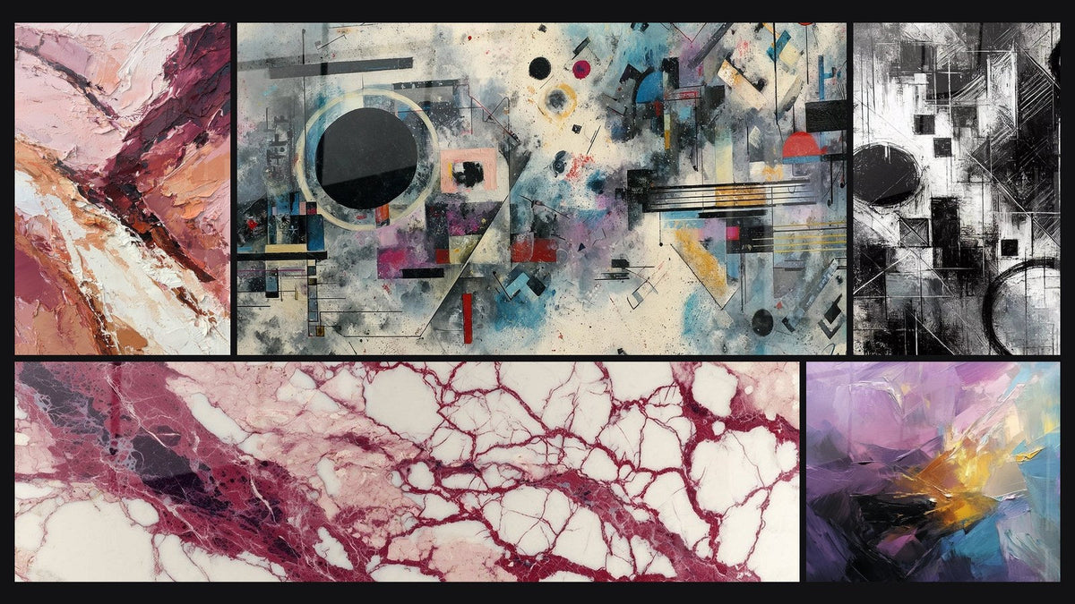 Mosaik aus fünf Gemälden, darunter Abstrakte geometrische Komposition und Fragmente der Absolutheit