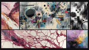 Mozaïek van vijf schilderijen, waaronder Abstract geometrische compositie en Fragmenten van Absoluut