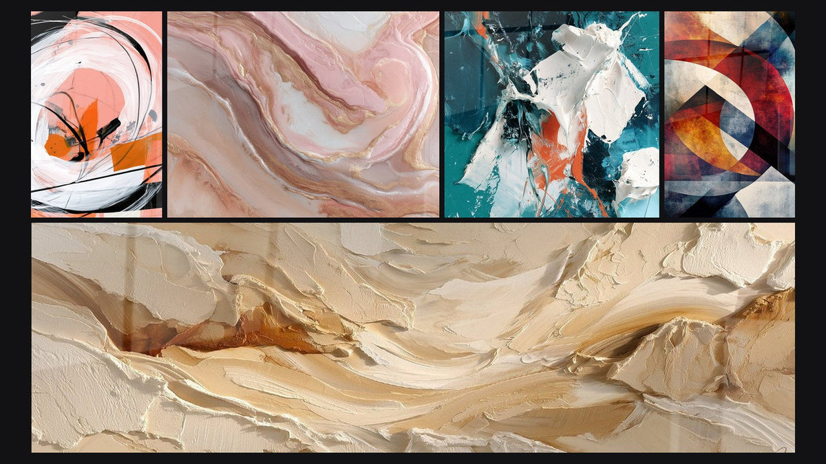 Mosaico de cinco cuadros, entre ellos Espiral Blanca y Coral con Rayas Negras y Blanco Brillante y Sarcelle en Relieve