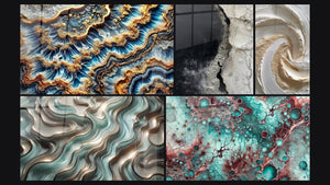 Mozaïek van vijf schilderijen, waaronder Gouden Getijde, Etherische Curves en Spiraal goud-wit reliëf textuur