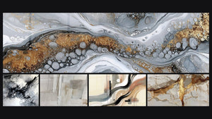 Mosaico de cinco cuadros, entre ellos Abstracto Fluido Gris y Oro y Sillage Abstracto