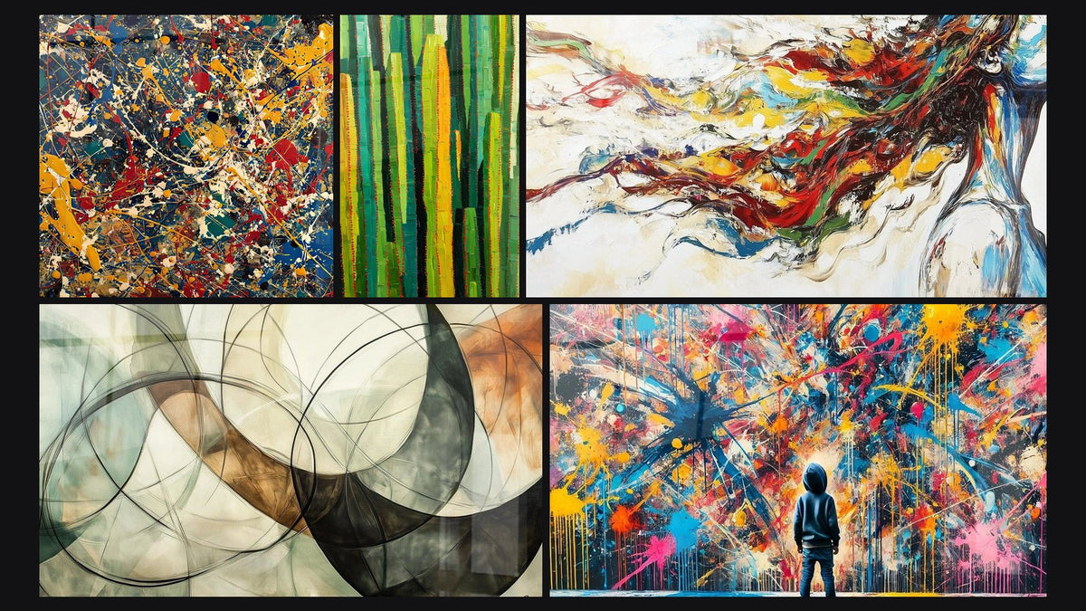 Mosaico di cinque quadri, tra cui Esplosione di colori di, Muse Moderna e I Legami Invisibili