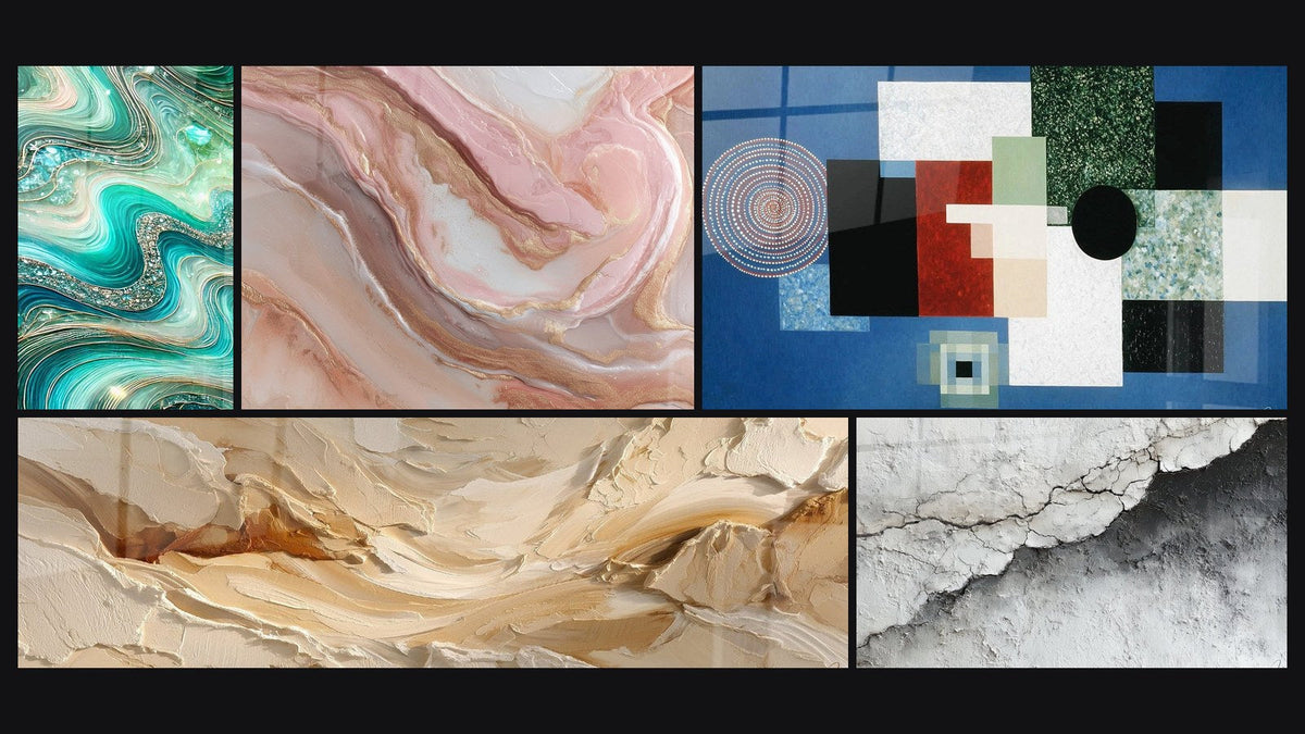 Mosaïque de cinq tableaux, dont Vagues Cristallines et Texture Murale Fissurée Blanc et Gris