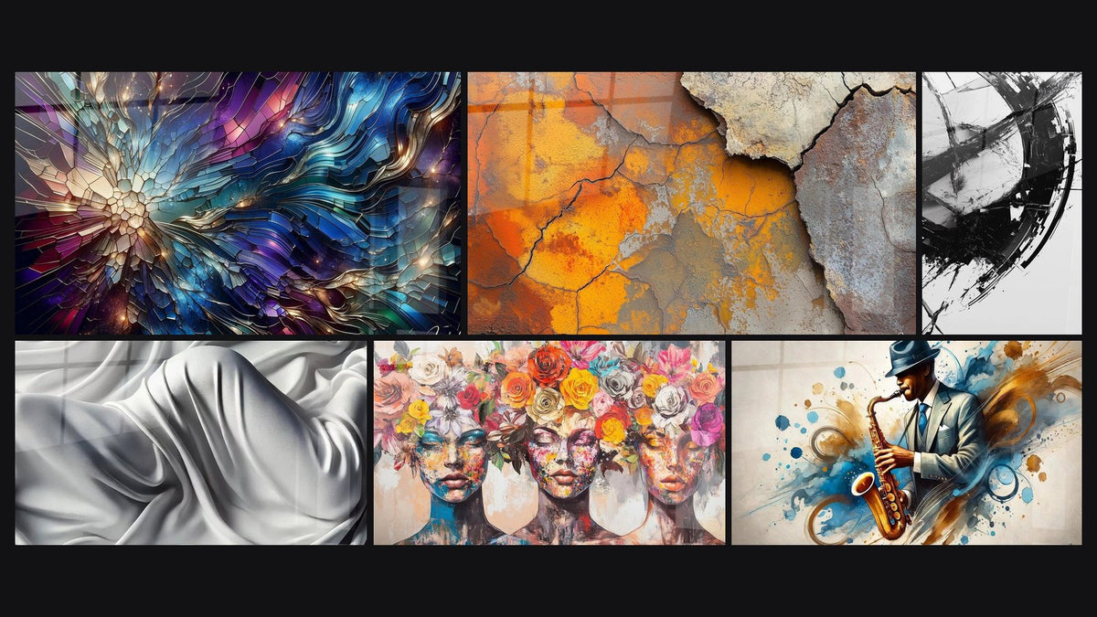 Mosaïque de six tableaux, dont Éclats de Vitraux, Sous la Surface et Sous le Voile