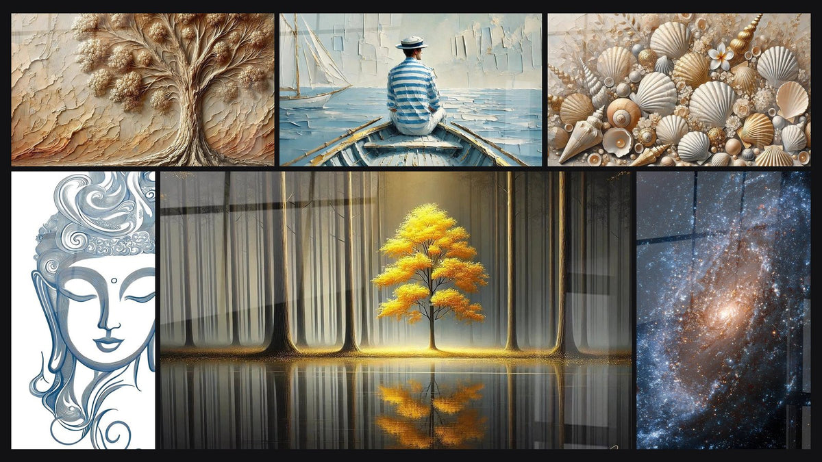 Mosaïque de six tableaux, dont Arbre d'Antan, Bouddha Reflets intérieurs et L’Art de l’Eau