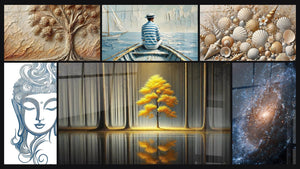 Mosaico de seis cuadros, entre ellos Árbol del Pasado, Buda Reflejos interiores y El Arte del Agua