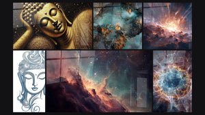Mosaico de seis cuadros, entre ellos El Descanso del Sabio, Buda Reflejos interiores y Nebulosa estelar