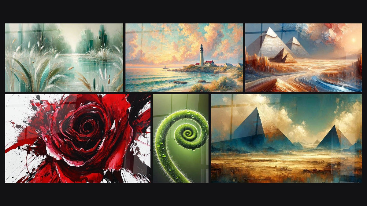 Mosaico de seis cuadros, entre ellos Decoración paisaje N°1, Rosa N°6 y Amanecer en el Faro