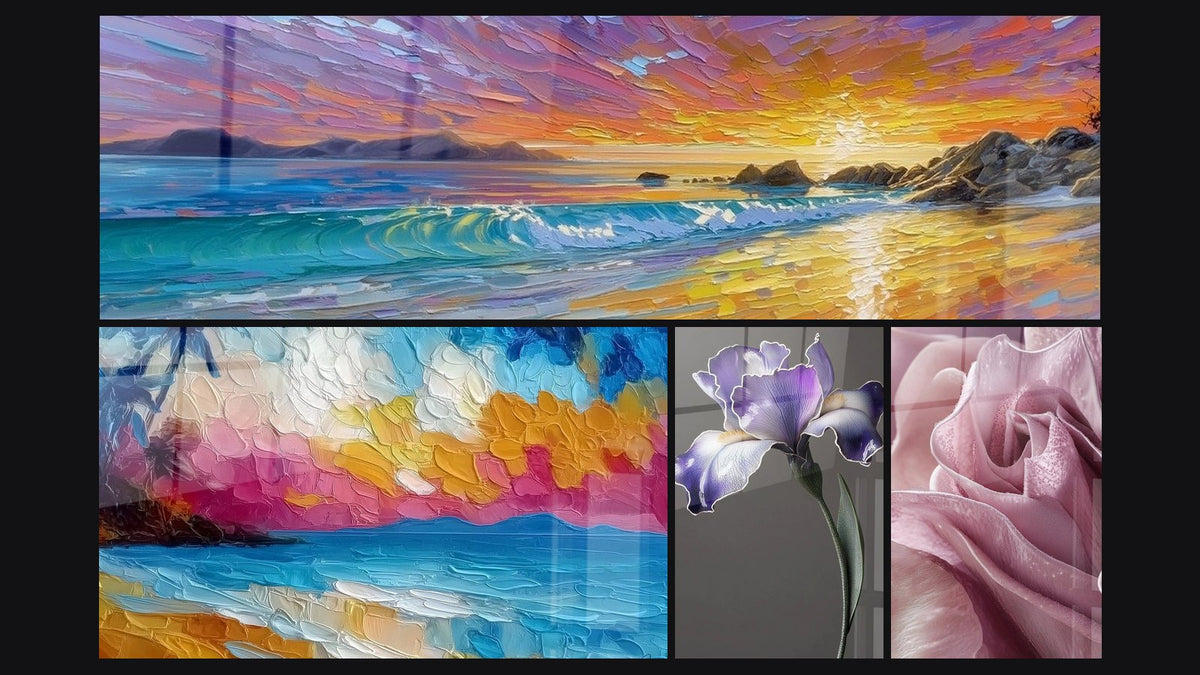 Mosaico de cuatro cuadros, entre ellos Atardecer en Playa, Paisaje Marino al Atardecer y Tulipán N°2