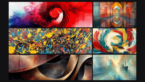 Mosaico de seis cuadros, entre ellos Espiral energético rojo y azul, Salpicaduras multicolores y Sinuosidades Meditación Ocre