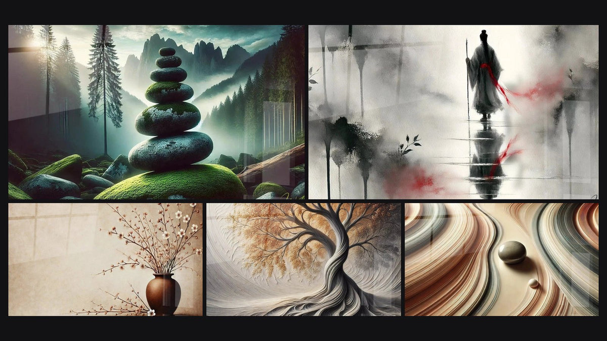 Mosaico de cinco cuadros, entre ellos Equilibrio Forestal, Armonía Natural y Aliento de la Tierra
