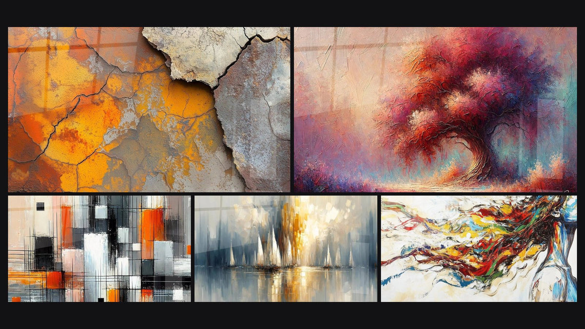 Mosaico de cinco cuadros, entre ellos Bajo la Superficie, Árbol de los Sueños y Mecánica de Colores