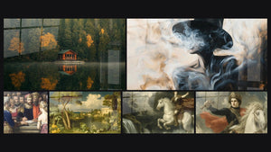 Mosaic of six paintings, including Cabin Artwork No. 1, Between Two Worlds and Arcadia Ideal Vision