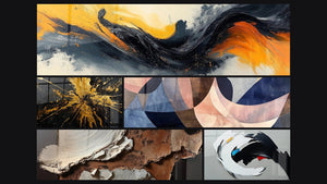 Mozaïek van vijf schilderijen, waaronder Gecontrasteerde Symfonie Zwart, Gracieuze Bogen Terracotta en Abstract dynamisch
