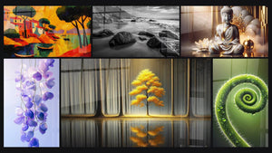 Mosaic of six paintings, including Colorful Mediterranean port, Rocky Beach and Wisteria Wall Art No. 1