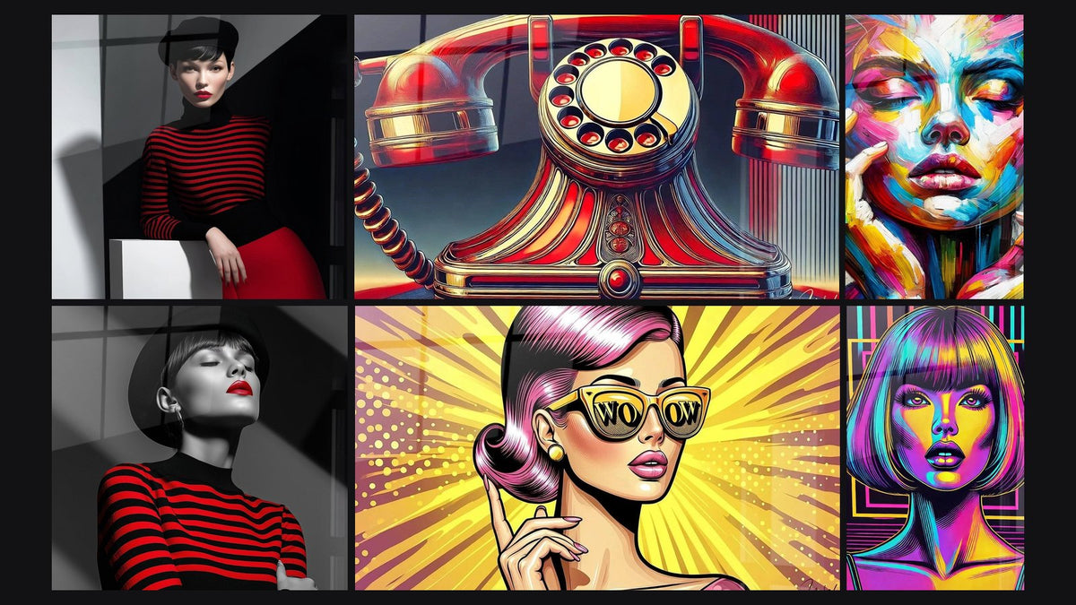 Mosaic of six paintings, including Woman red and black leaning on white cube and Woman with Black Hat and Red Stripes