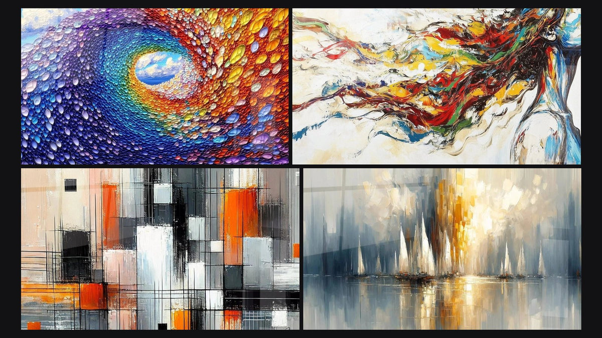 Mosaic of four paintings, including Multicolor cosmic spiral, Mechanics of Colors and Dawn Over the Bay