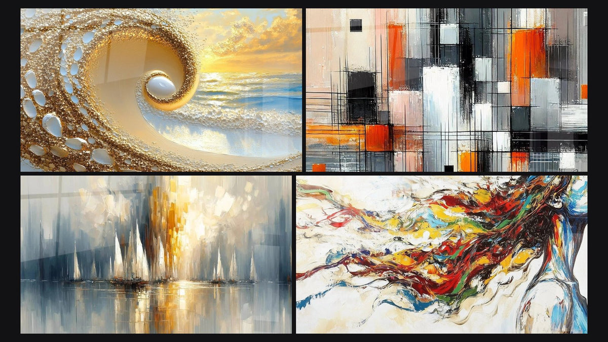 Mosaic of four paintings, including Golden Ocean Spiral, Mechanics of Colors and Dawn Over the Bay