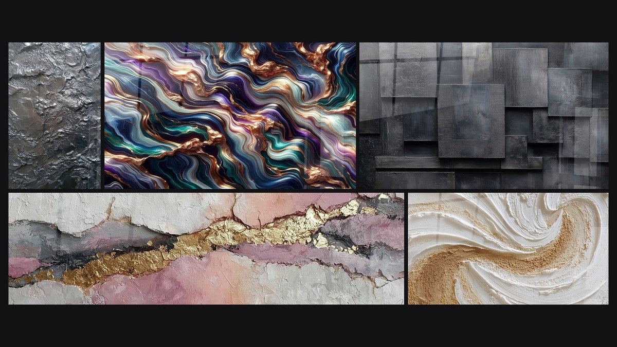 Mozaïek van vijf schilderijen, waaronder Minerale Serenade en Abstract geometrisch grijs kolen zwart