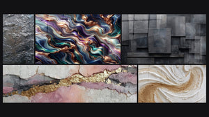 Mozaïek van vijf schilderijen, waaronder Minerale Serenade en Abstract geometrisch grijs kolen zwart