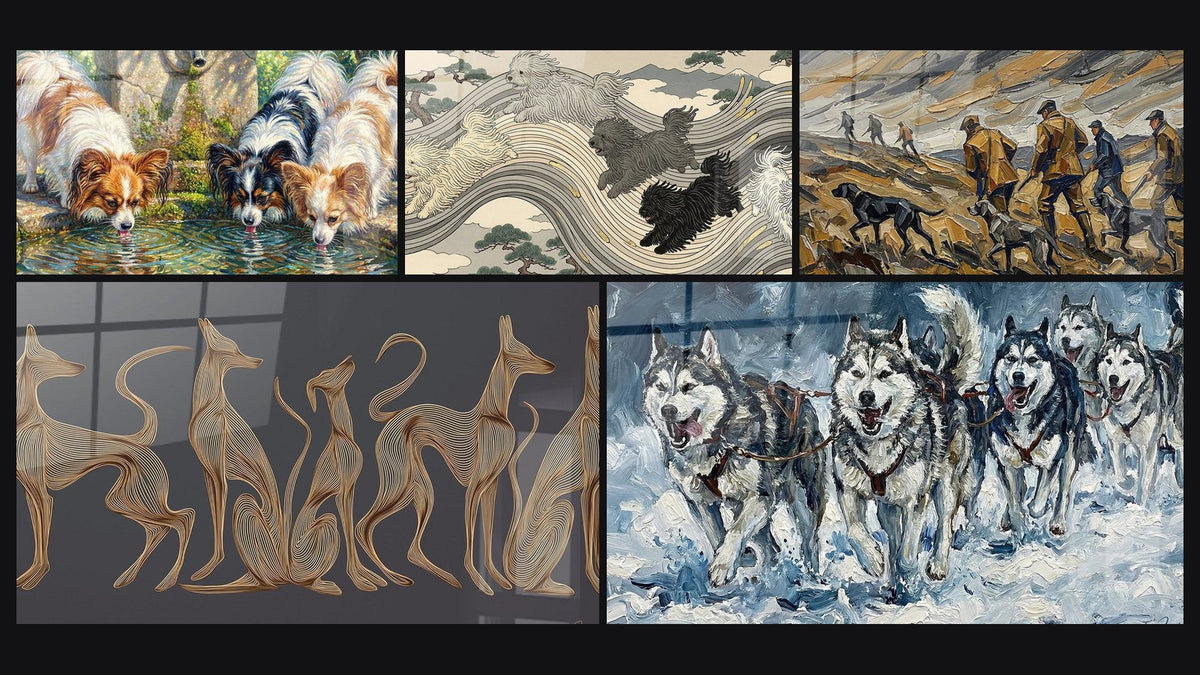 Mosaic of five paintings, including Puli Dogs in Stylized Waves, Hunters and Dogs in the Mountains and Stylized Dogs