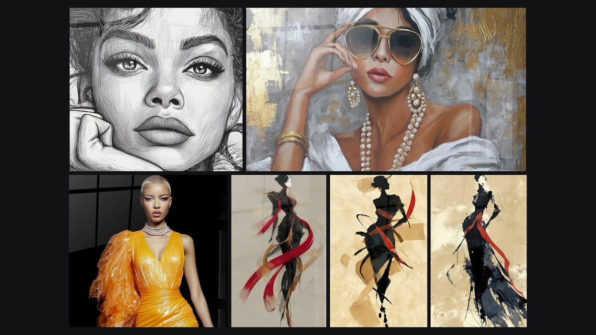 Mosaico de seis cuadros, entre ellos Retrato Mujer, Mujer Moda y Icono Fashion