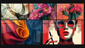 Mosaïque de cinq tableaux, dont Les Liens Invisibles, Tissu fluide orange et bleu et Portrait Femme Lunettes