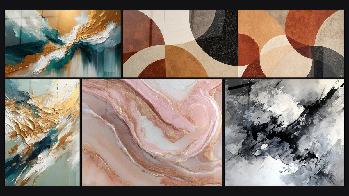 Mosaic of five paintings, including Abyss Light Abstract and Golden Flux and Reflux